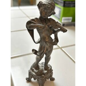 Vintage Cherub Angel Playing Violin Statue Figurine Ornate Base Metal Art